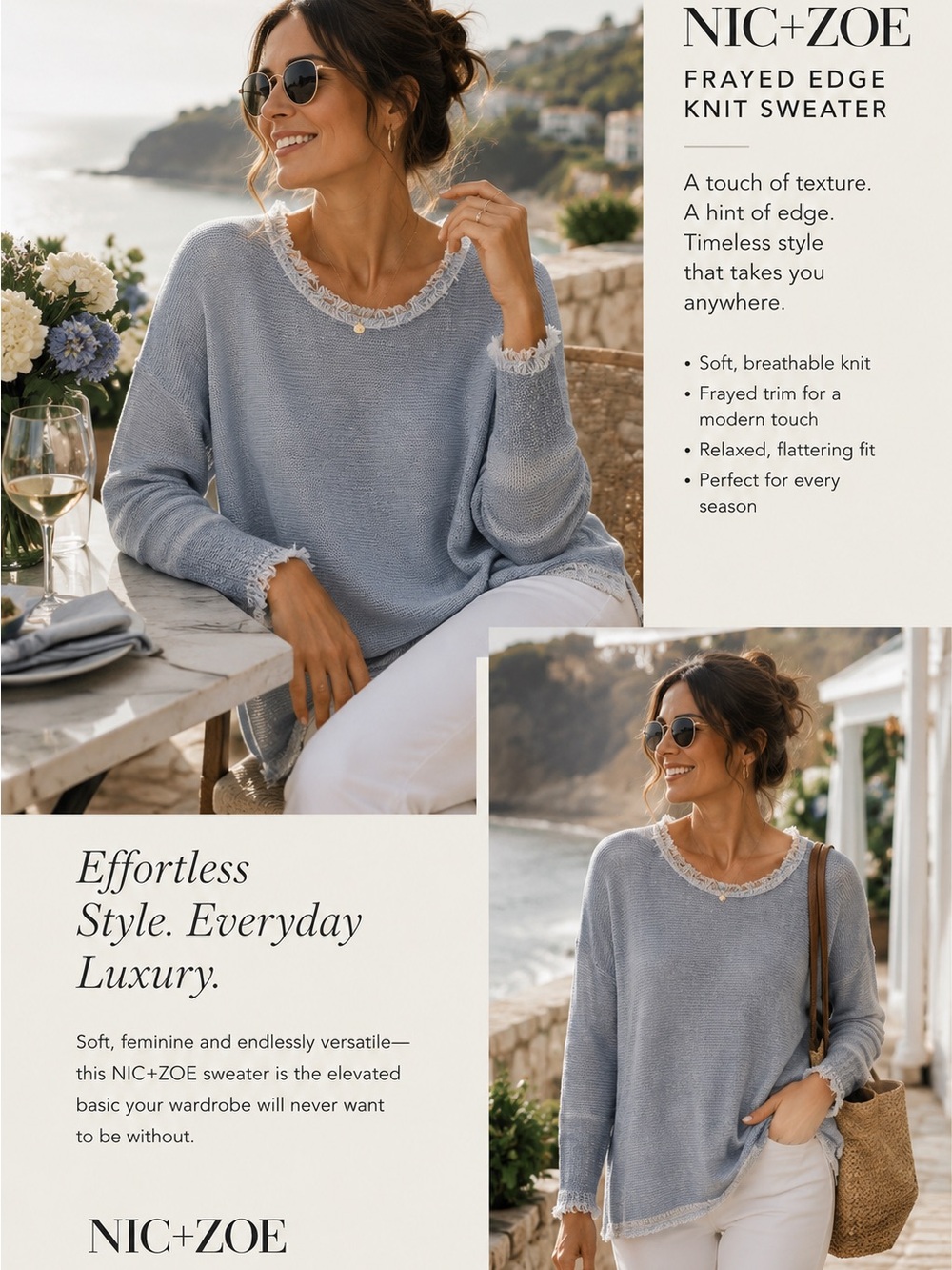 NIC+ZOE Frayed-Trim Scoop Neck Sweater in Light Blue